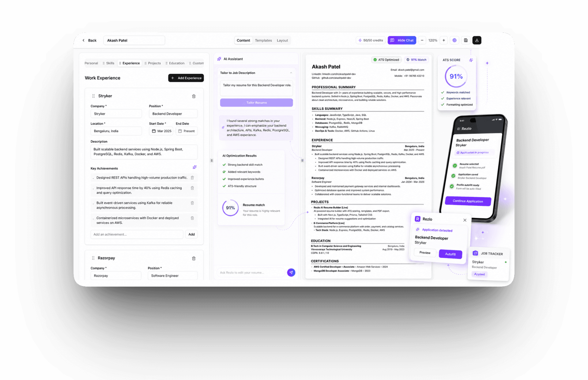 Rezlo resume editor showing AI-tailored content, a 91% ATS match score, and job tracker autofill on desktop and mobile