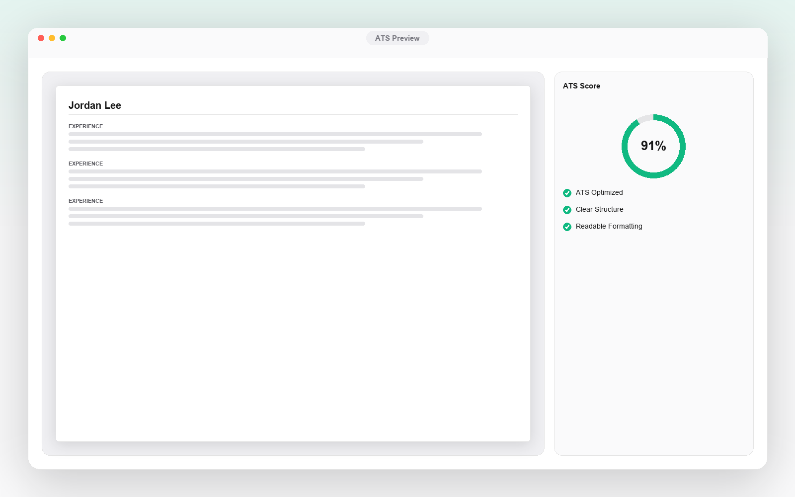 Resume preview alongside an ATS compatibility score and formatting checklist