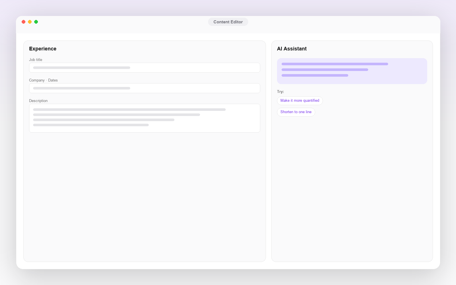 Content Editor in the Rezlo resume builder
