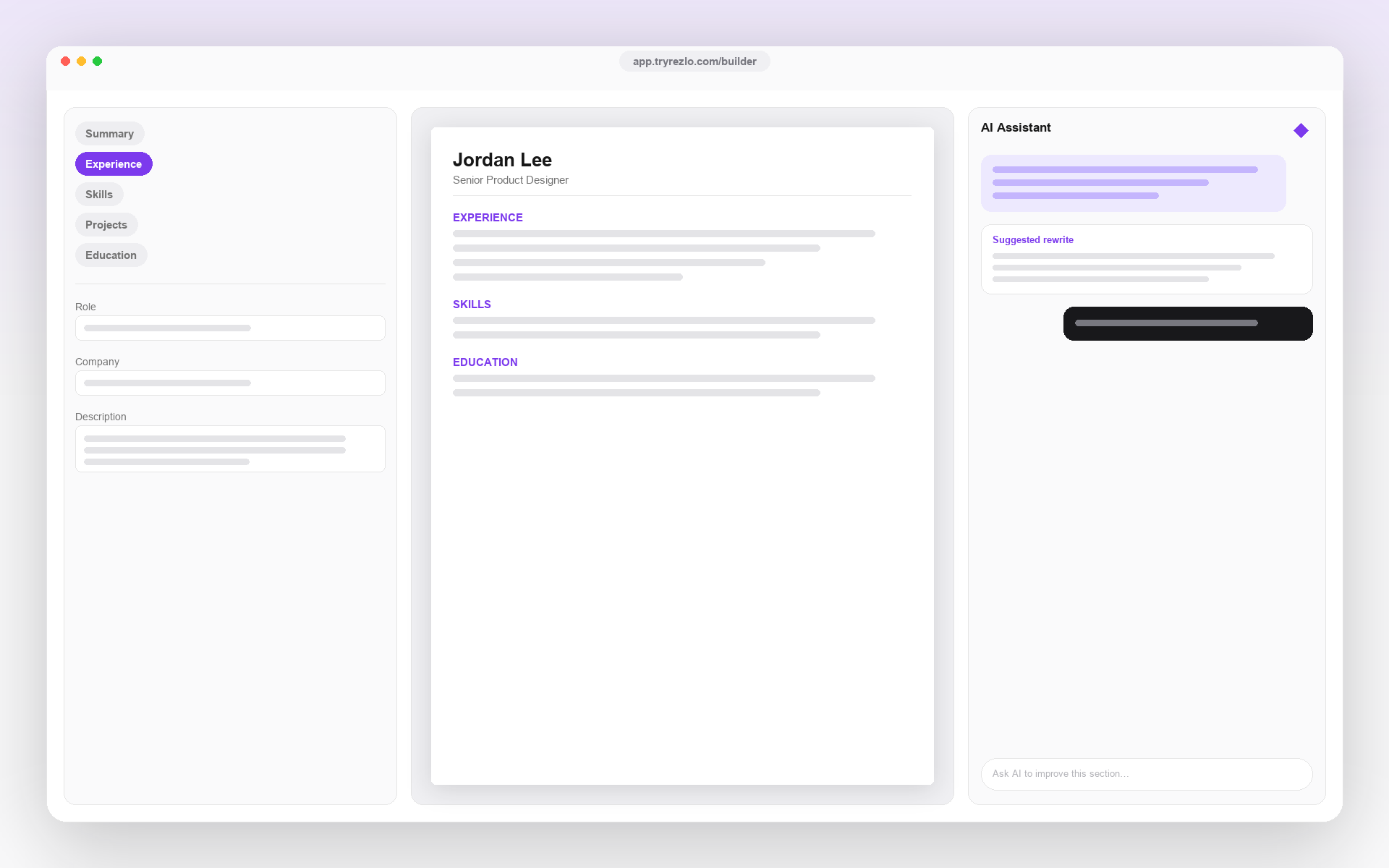 Rezlo resume builder workspace showing the content editor, a live resume preview, and the AI assistant panel side by side