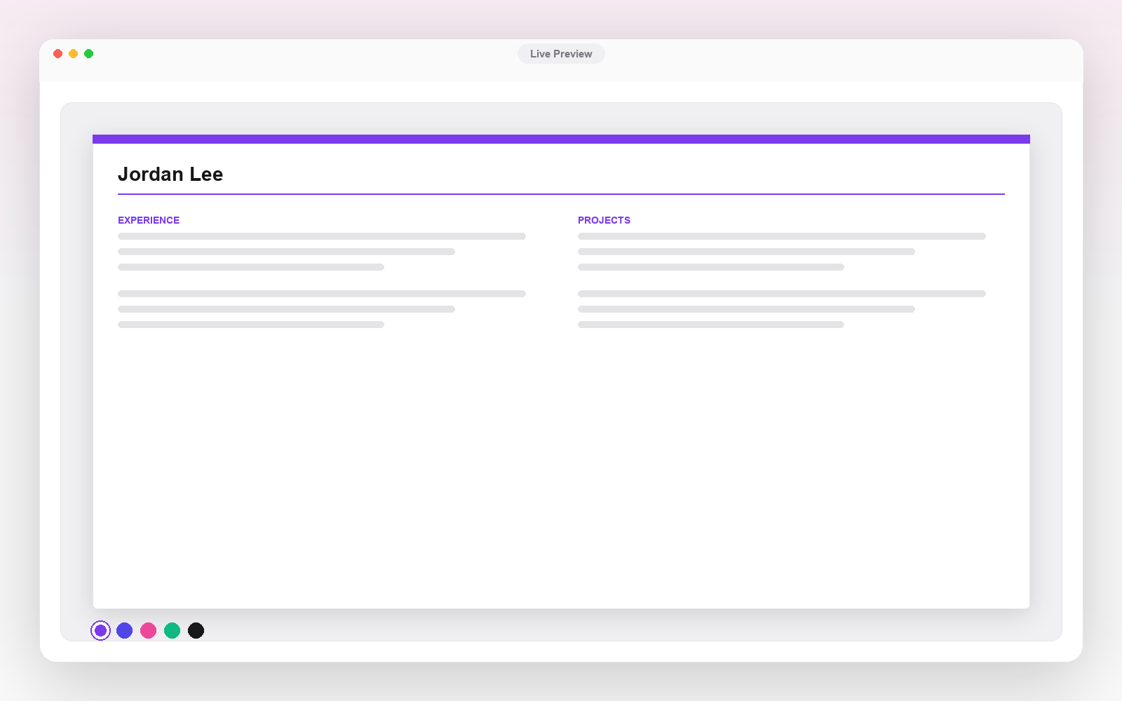 Layout customization panel in the Rezlo resume builder showing accent color, spacing, and format controls