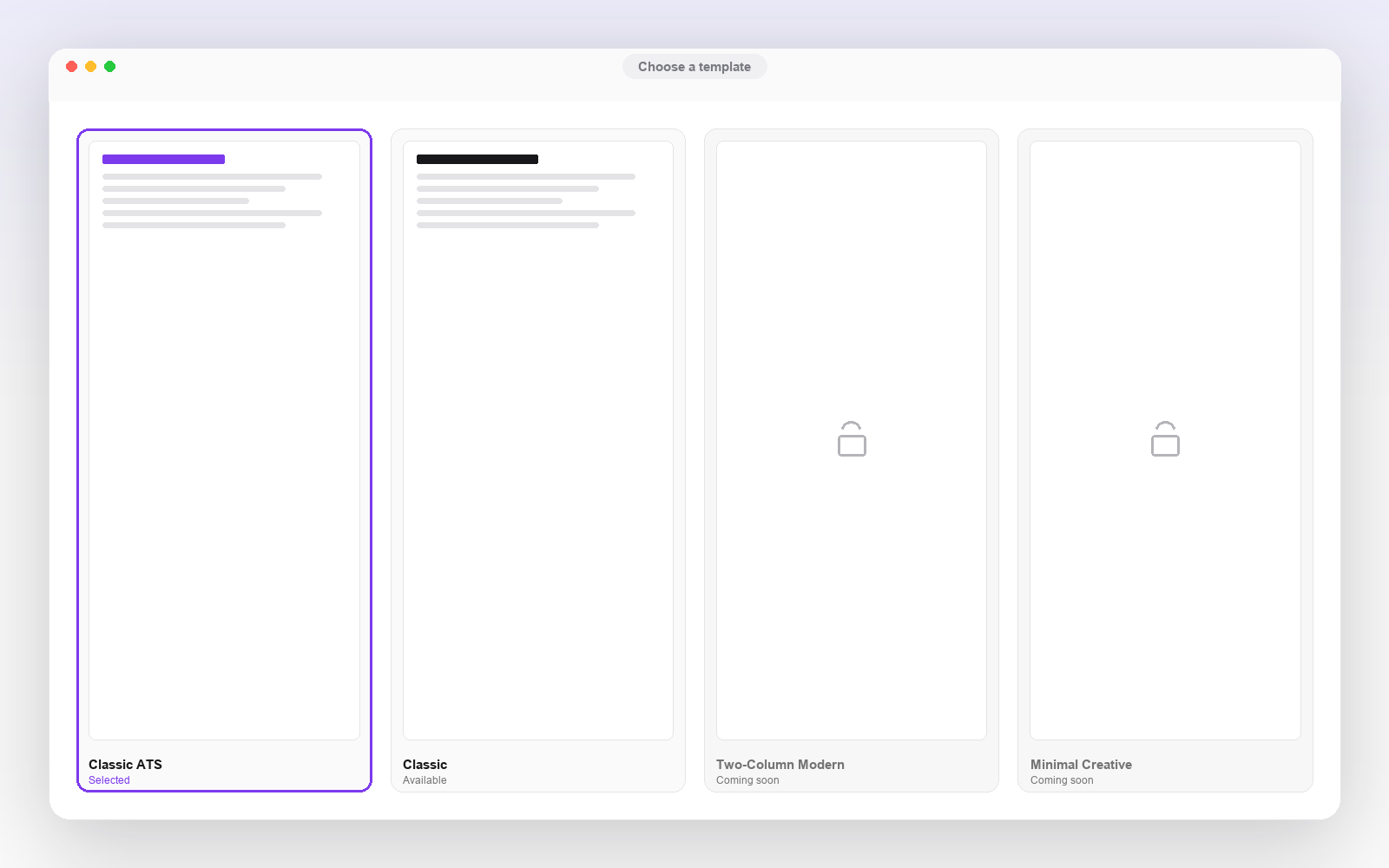 Template picker in the Rezlo resume builder showing available and upcoming resume templates